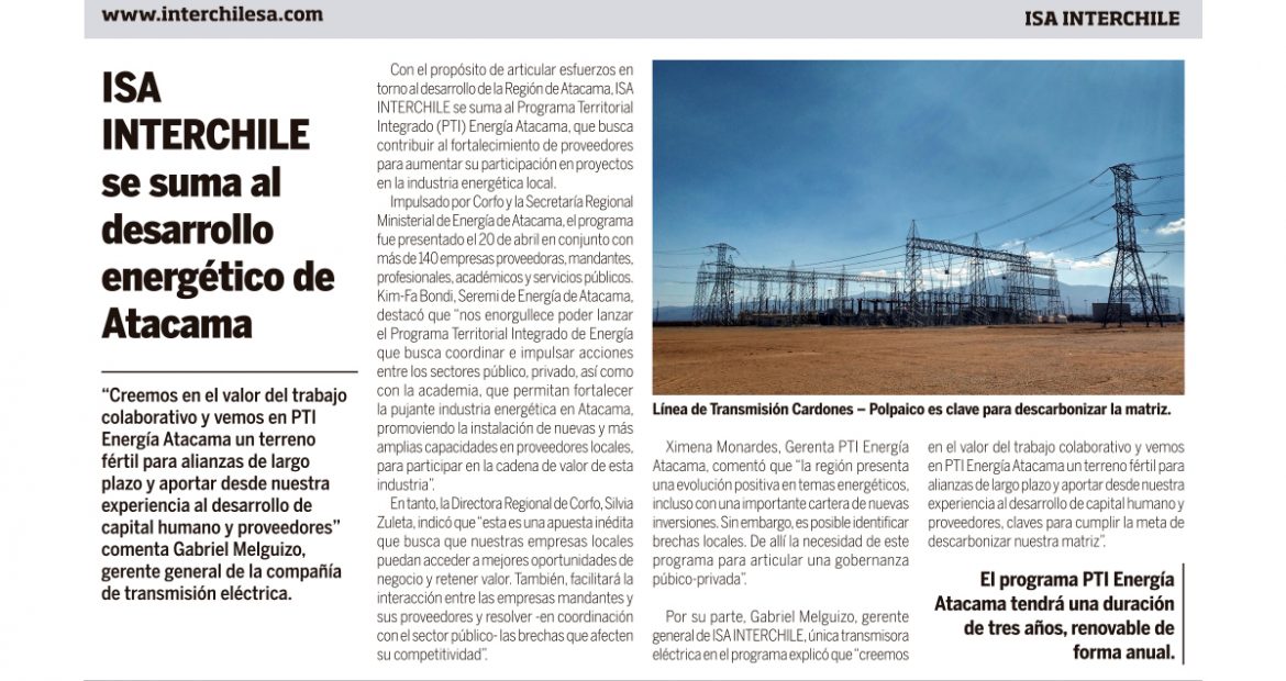 ISA INTERCHILE se suma al desarrollo energético de Atacama